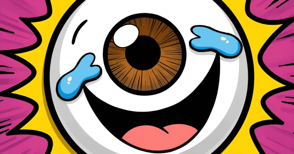 Cartoon-style giant googly eye laughing with tears, colorful funny doodle art