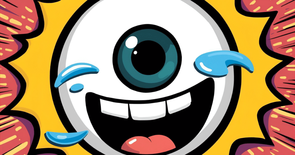 Cute cartoon eye winking with cheeky humor, bold lines doodle design